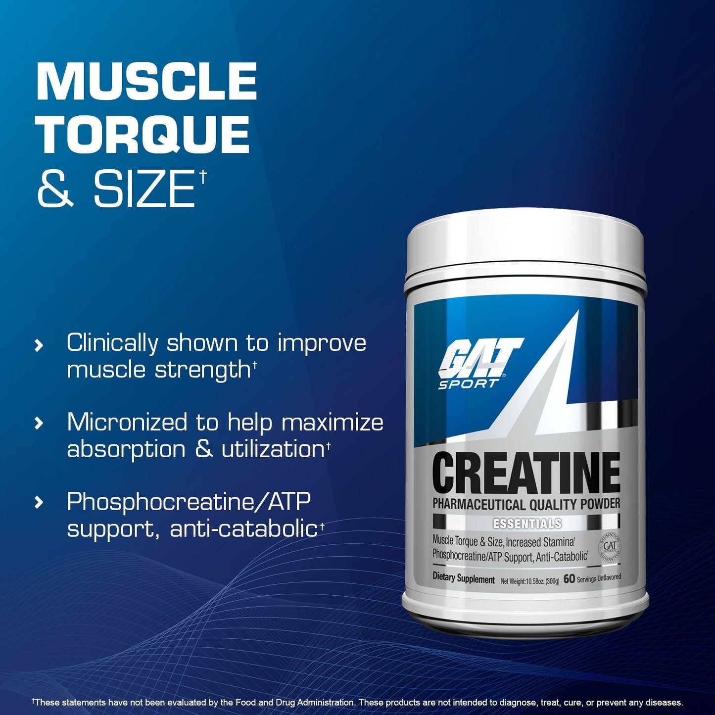 Creatina Monohidratada GAT 300g, 60 servicios.