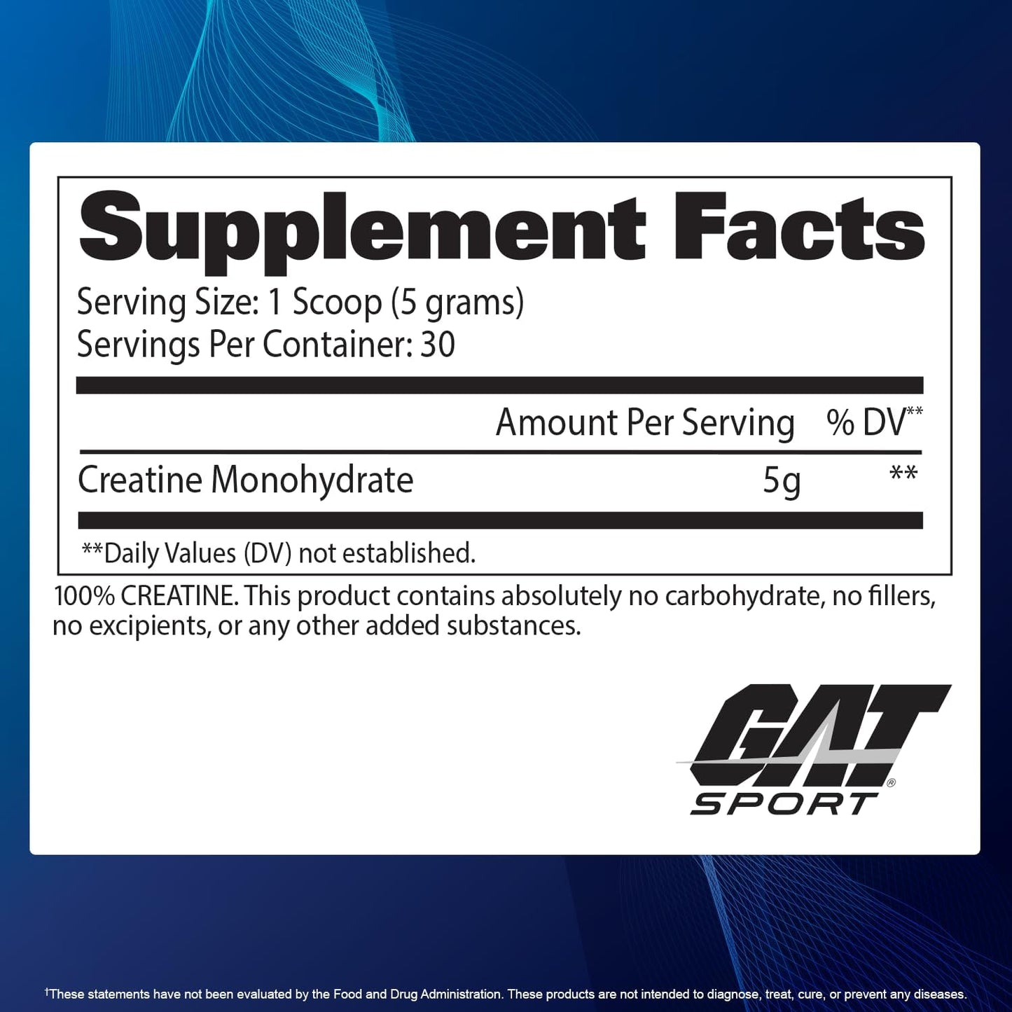 Creatina Monohidratada GAT 300g, 60 servicios.